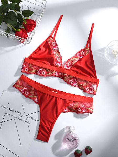Ladies' Mesh Lace Embroidery Red Sexy Lingerie