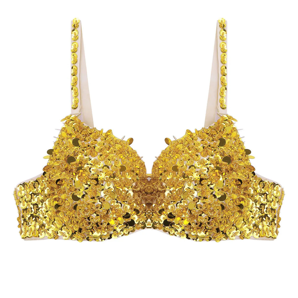 Sexy Womens Belly Dance Bustier Bra Carnival Pole Dancing Costume Rave Party Clubwear Glittery Sequins Beading Padded Bra Top