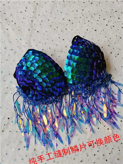 Handmade Mermaid Sequins Seashell Bikini Top Bra Oceanarium Bar Table Performance Costume Fishtail Leather