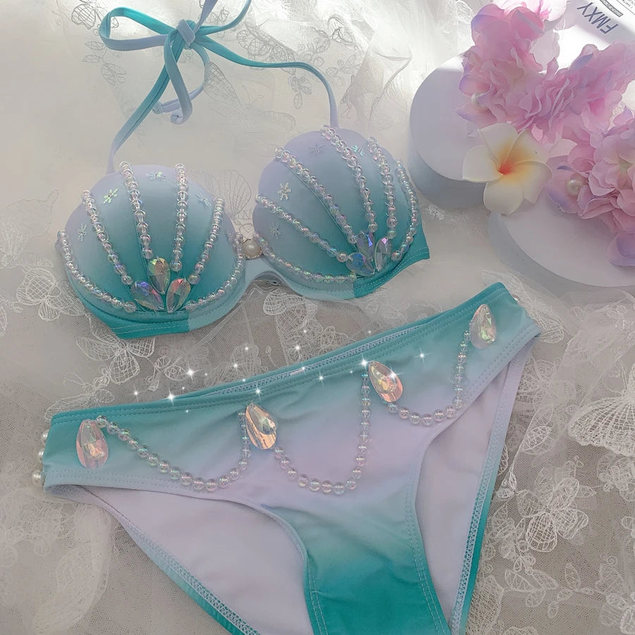 New Korean Ins Sexy Swimming Mermaid Corset Sequin Pearl Bra Panties Beach Bikini Oceanarium Mermaid Show Corset