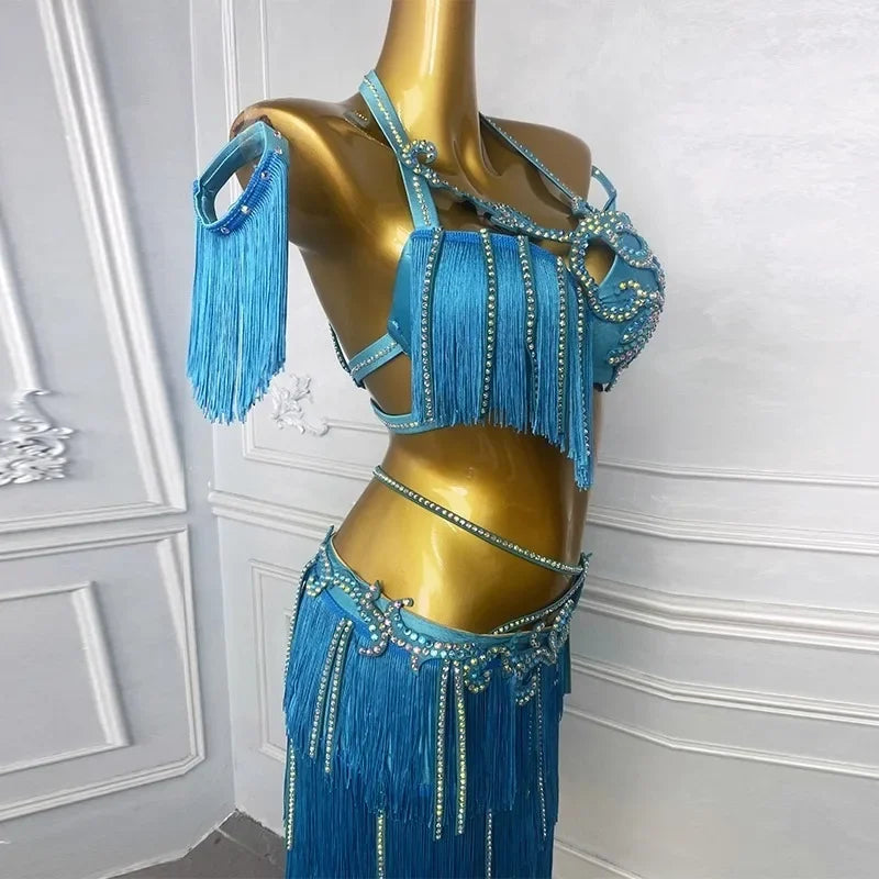 Customized Belly Dance Suit for Women Practice Outfit Oriental Dance Costume Lake Blue Tassels Bra Skirt Latin Performance Dress