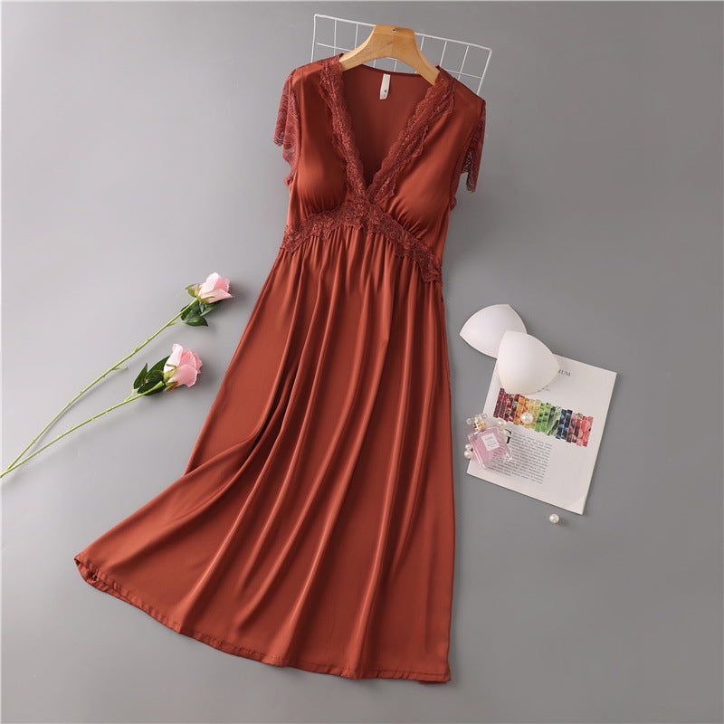 Nightdress Female Ice Silk Sexy Dress Mid-length Lace