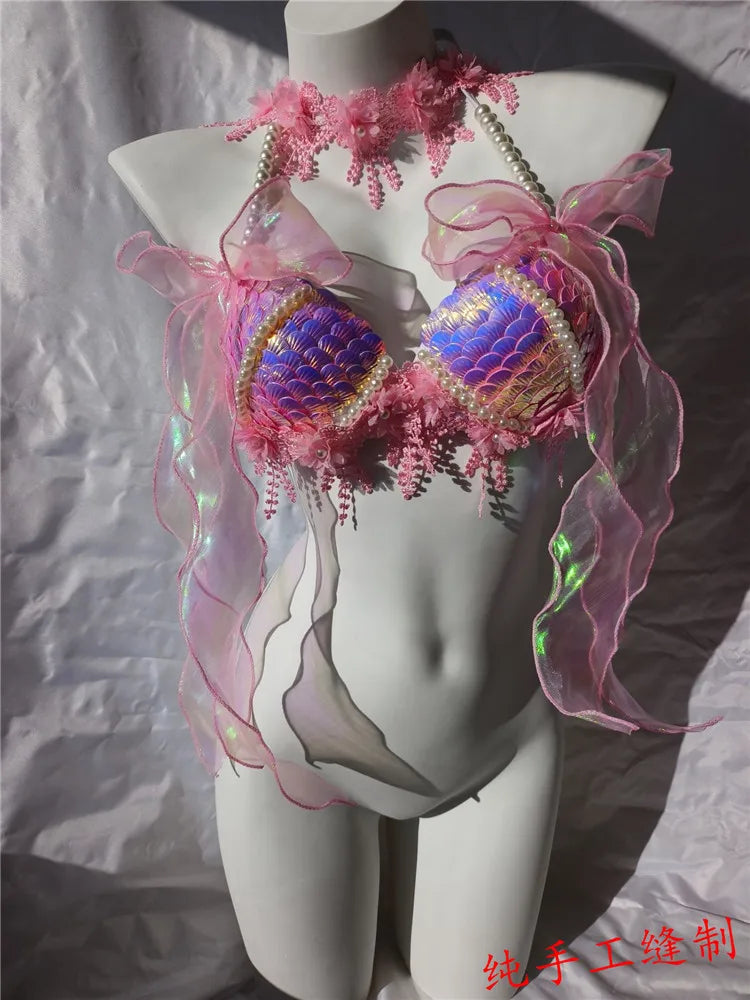 RM Handmade Mermaid Sequin Shell Bikini Top Bra Oceanarium Bar Table Performance Costume Fishtail Leather
