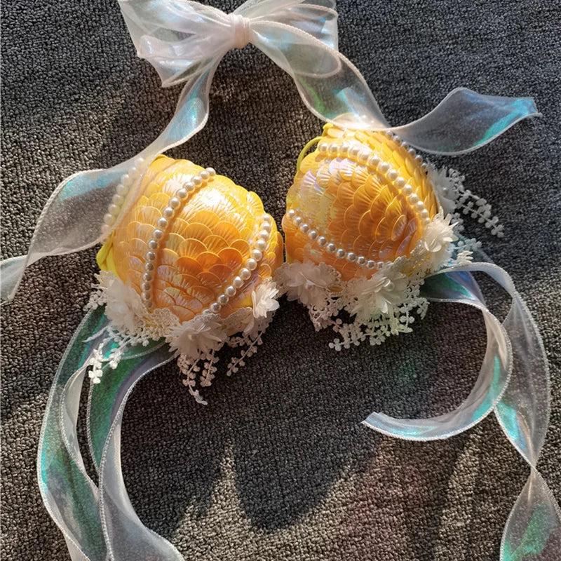 Mermaid Sequins Seashell Bikini Top Bra Oceanarium Bar Table Performance Clothes Electric Festival Fishtail Leather