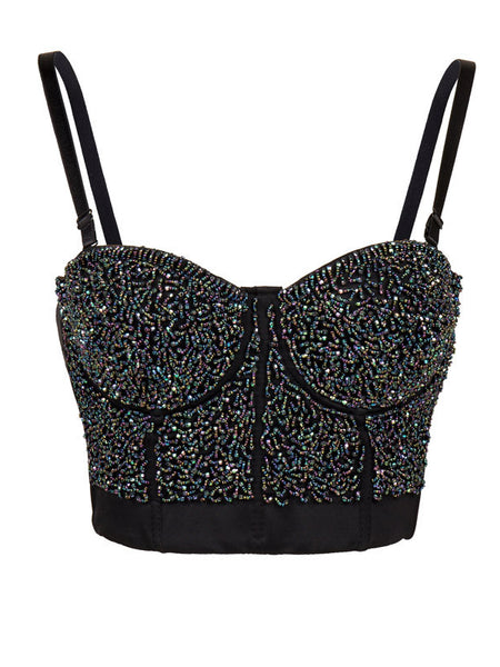 Strap Adjustable Beaded Crop Rhinestone Bra