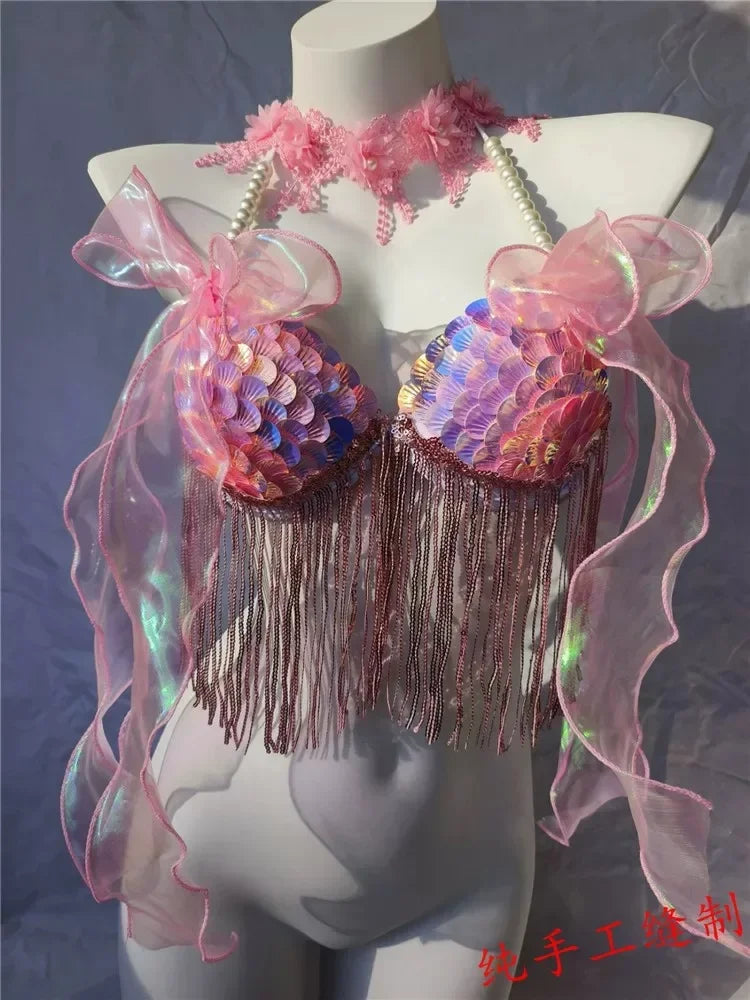 Women Bikini Top Bra Mermaid Sequin Shell Aquarium Bar Lolita Show Outfit Fishtail Leather Halloween Cosplay Costumes