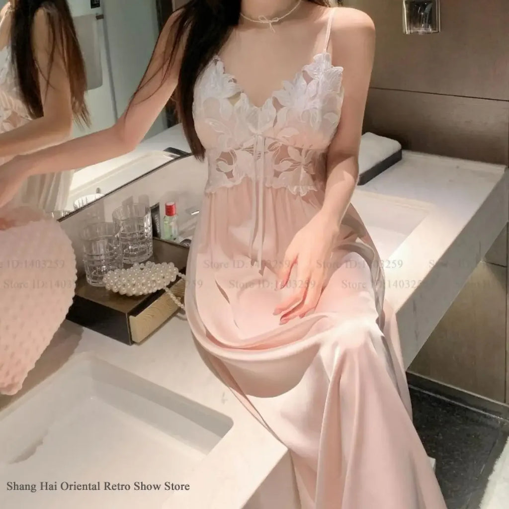 Sexy Black Lace Long Robe Nightgown Female Sleepwear 2Pcs Set Elegant Silky Satin Nightwear Nightdress Loose Homewear Lingerie