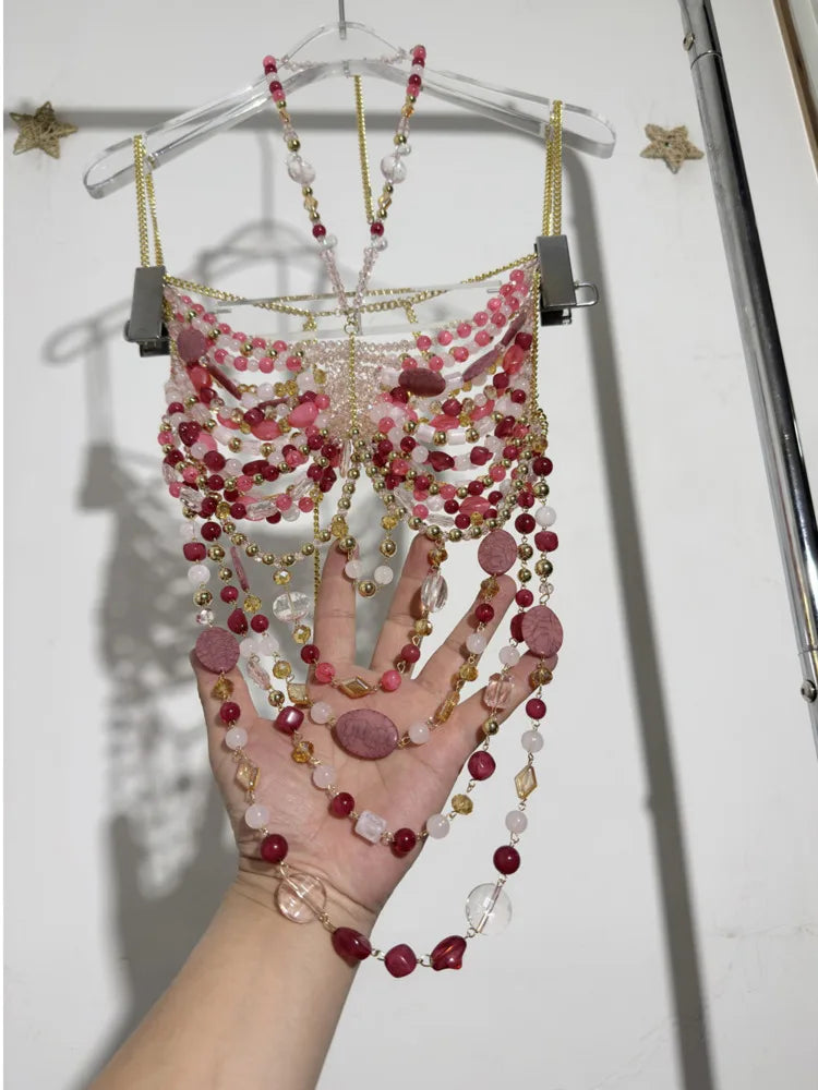 2025 New Chic Tank Top Sweet Girl Handmade Hot Sexy Multi Stone Bead Body Chain Bikini Bra Halter Romantic Tops Beachwear Befree