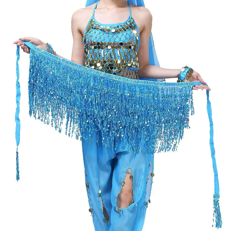 Belly Dance Costume Sequins Tassel Hip Towel Beads Waist Chain Sequins Tassel Dance Dress Prom Performance Waist Towel