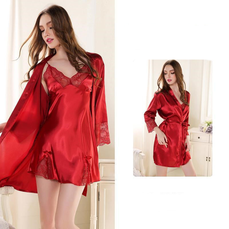 Ice Silk Thin Lace Suspender Nightdress Nightgown Two-piece Suit