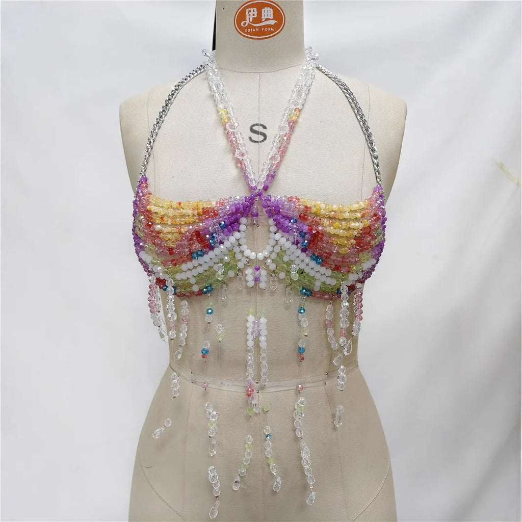 2025 Luxury Women Crystal Beading Tassel Bra Chain Jewelry Halter Camis Vest Jewelry Fancy Dance Show Night Clubwear Bra Chain