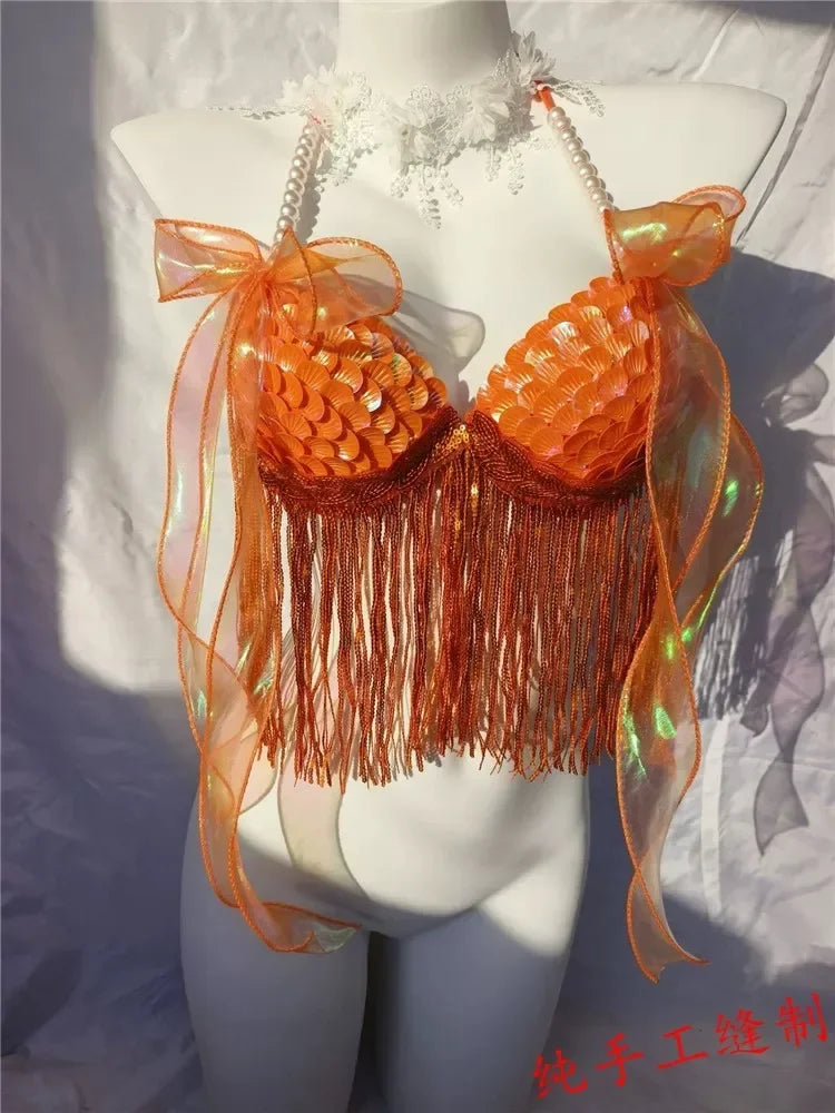 Women Bikini Top Bra Mermaid Sequin Shell Aquarium Bar Lolita Show Outfit Fishtail Leather Halloween Cosplay Costumes