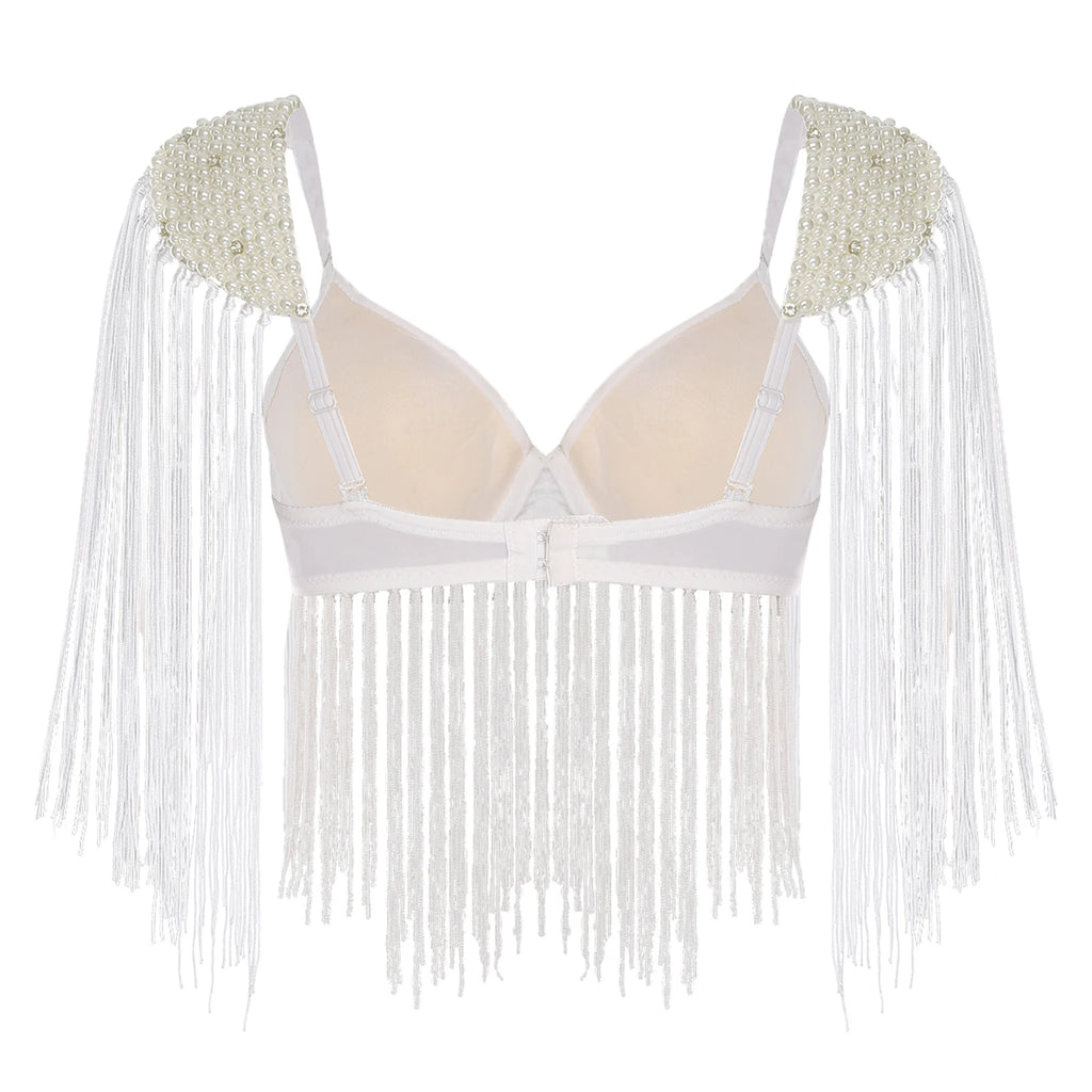 Women Belly Dance Fringe Bra Allover Plastic Beads Tassel Trim Push-up Bra Top with Shoulder Boards for Latin Indian Dance Party