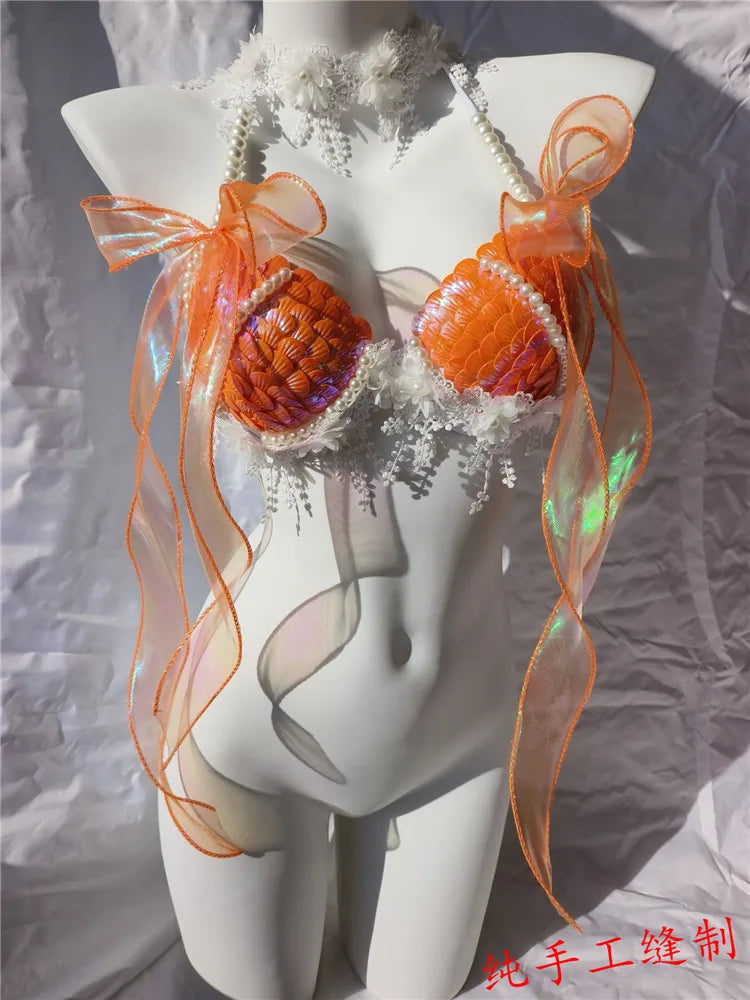 RM Handmade Mermaid Sequin Shell Bikini Top Bra Oceanarium Bar Table Performance Costume Fishtail Leather