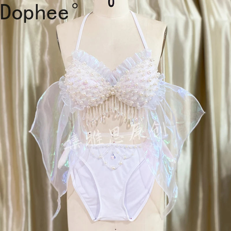 Original Design Handwork Mermaid Swimsuit Beads Tassel Pearl Bikini Set Dream Free Diving Brassiere Performing Cos Bra Swimwear