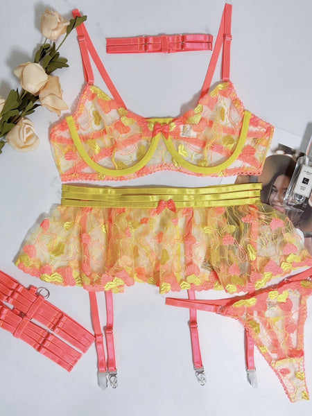 Ruffled Love Embroidered Mesh See-through Sexy Lingerie