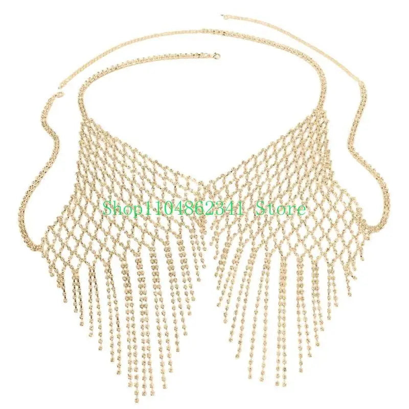 5asd Women Rhinestones Tassels Crop Top Nightclub Halter Backless Body Chain