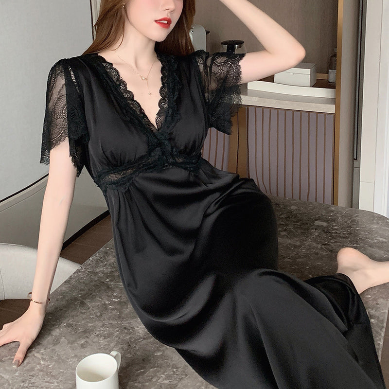 Nightdress Female Ice Silk Sexy Dress Mid-length Lace