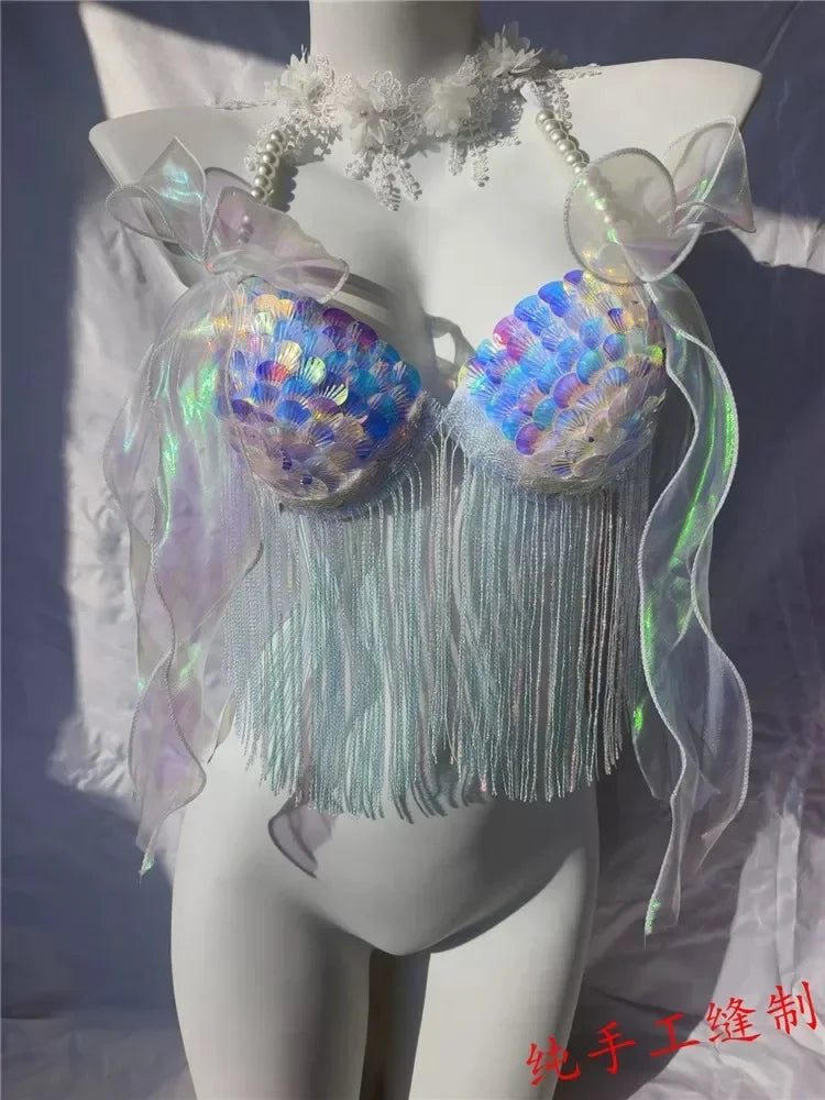Women Bikini Top Bra Mermaid Sequin Shell Aquarium Bar Lolita Show Outfit Fishtail Leather Halloween Cosplay Costumes