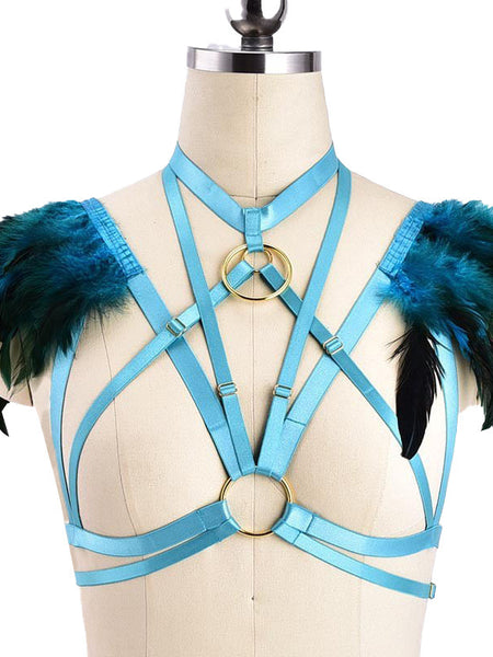 Colorful Goth Punk Harness Feather Lingerie Prom Show Bra