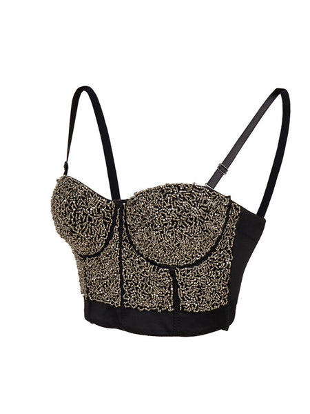 Strap Adjustable Beaded Crop Rhinestone Bra