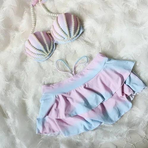 Mermaid Hand-Sewn Pearl Gradient Shells Swimsuit Split Bikini Large Breasts Small Breasts Steel Bra Swimsuit