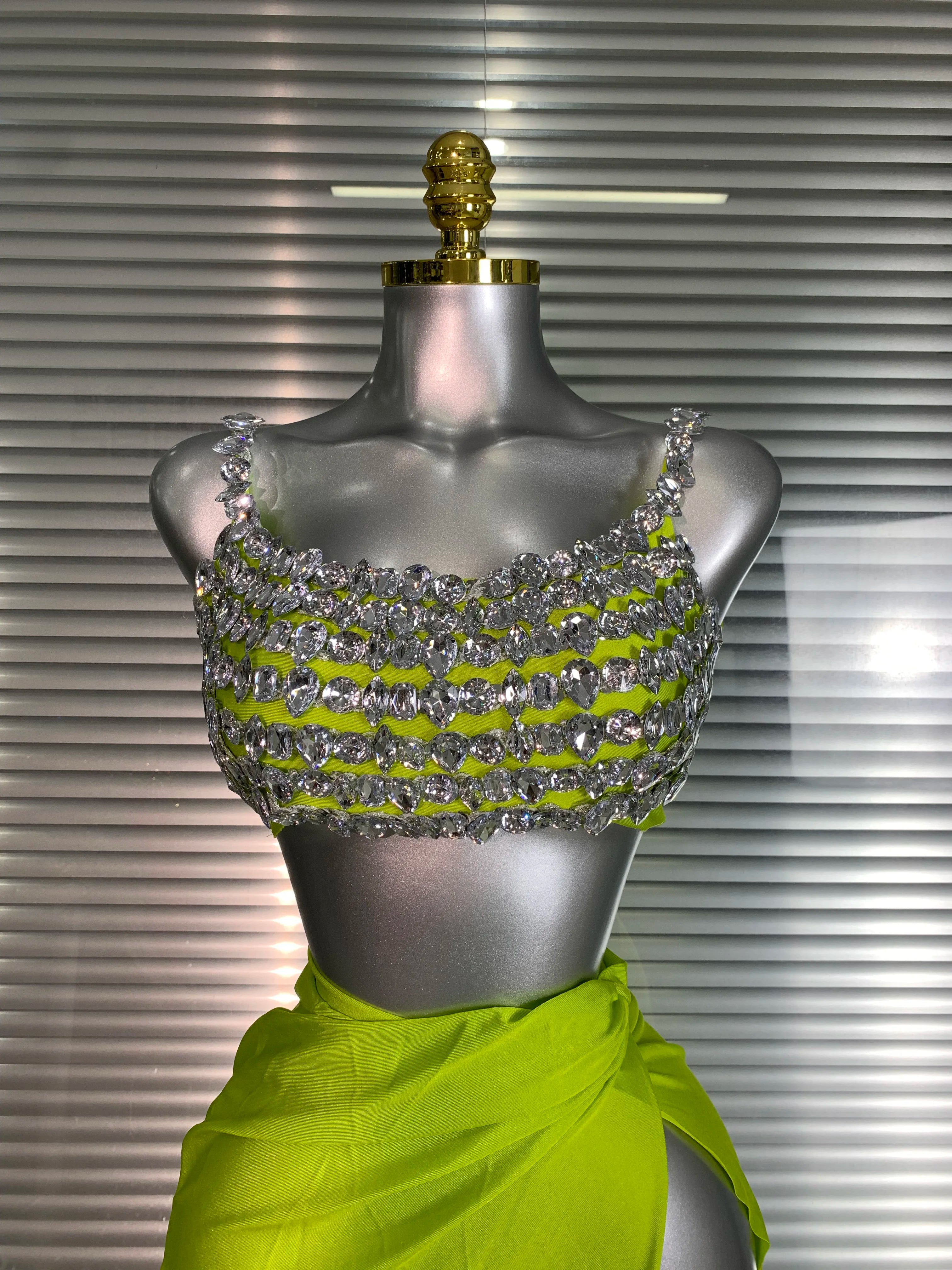 New Women Sexy Two Pieces Set Stretched Crystal Diamonds Night Club Skirt Suits Laced Singer Dancer Stage Performance Costume