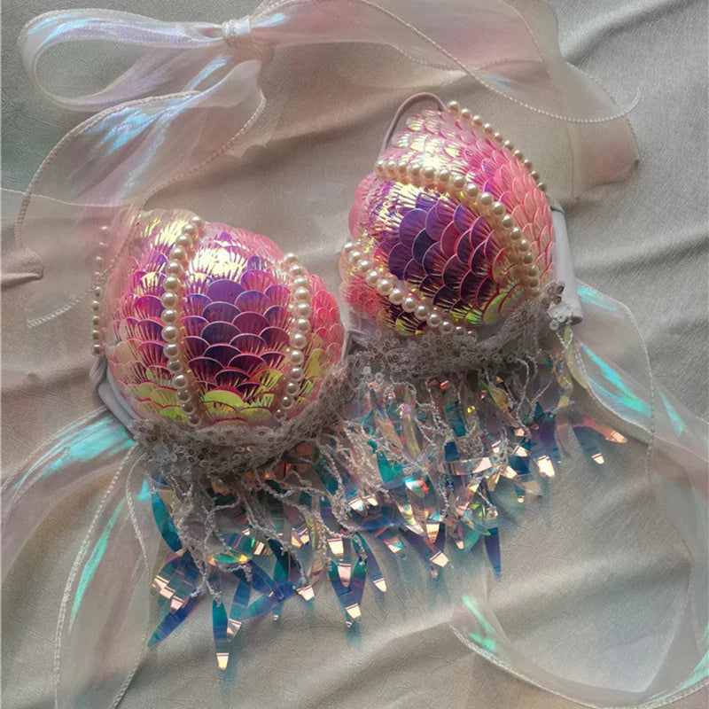 Mermaid Sequins Seashell Bikini Top Bra Oceanarium Bar Table Performance Clothes Electric Festival Fishtail Leather