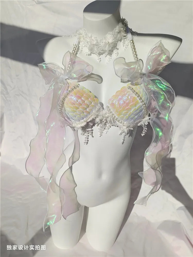 RM Handmade Mermaid Sequin Shell Bikini Top Bra Oceanarium Bar Table Performance Costume Fishtail Leather