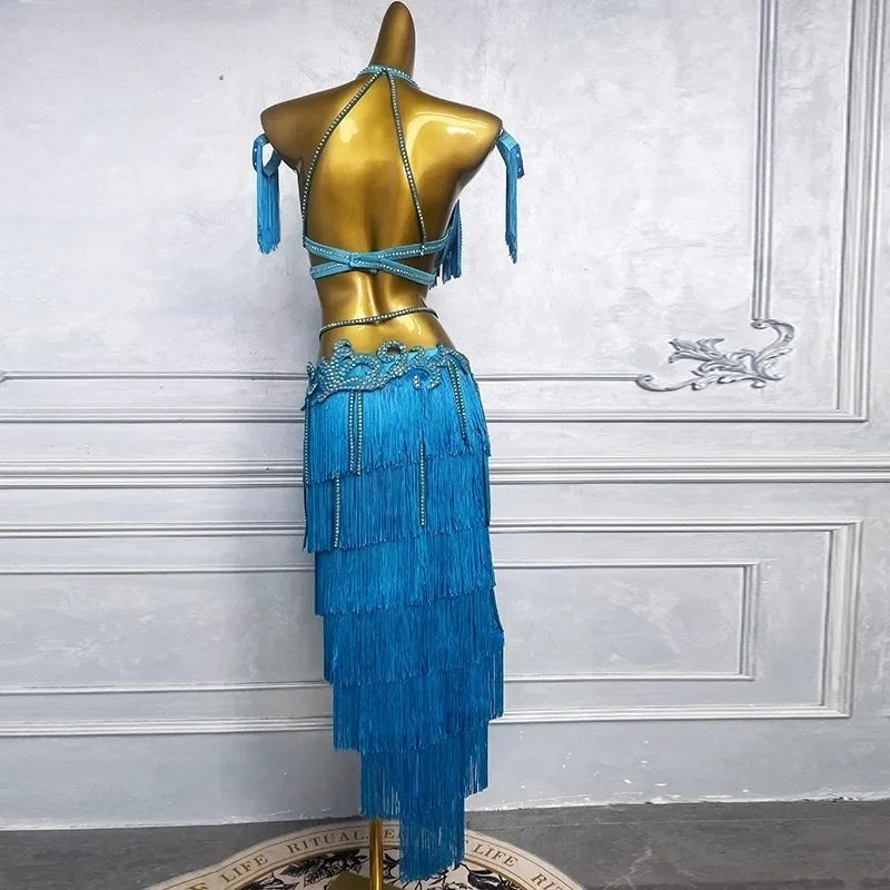 Customized Belly Dance Suit for Women Practice Outfit Oriental Dance Costume Lake Blue Tassels Bra Skirt Latin Performance Dress