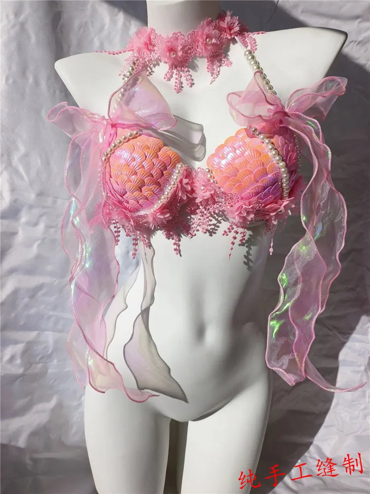 RM Handmade Mermaid Sequin Shell Bikini Top Bra Oceanarium Bar Table Performance Costume Fishtail Leather