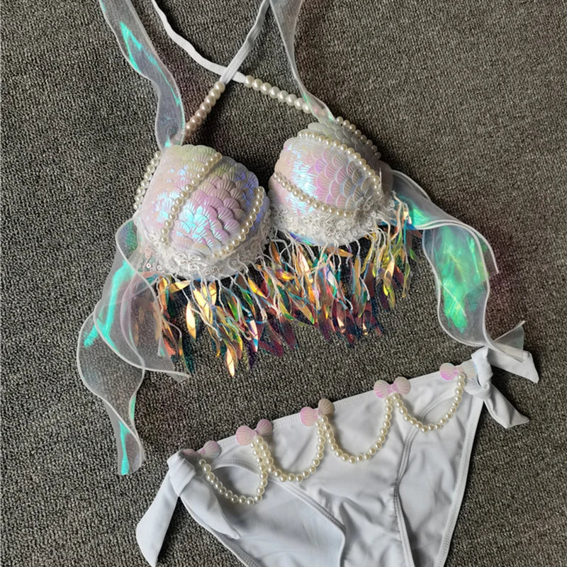 Mermaid Sequins Seashell Bikini Top Bra Oceanarium Bar Table Performance Clothes Electric Festival Fishtail Leather