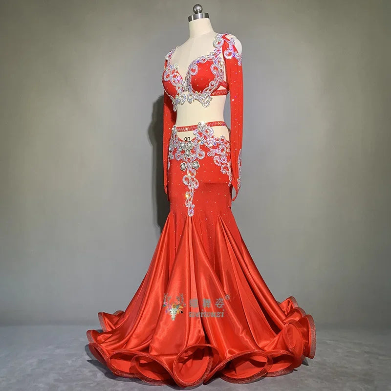 Belly Dance Performance Set Long sleeves Elegant Bra+buttocks Fishtail Skirt Original Suit for Women Bellydancing Wear Outfit