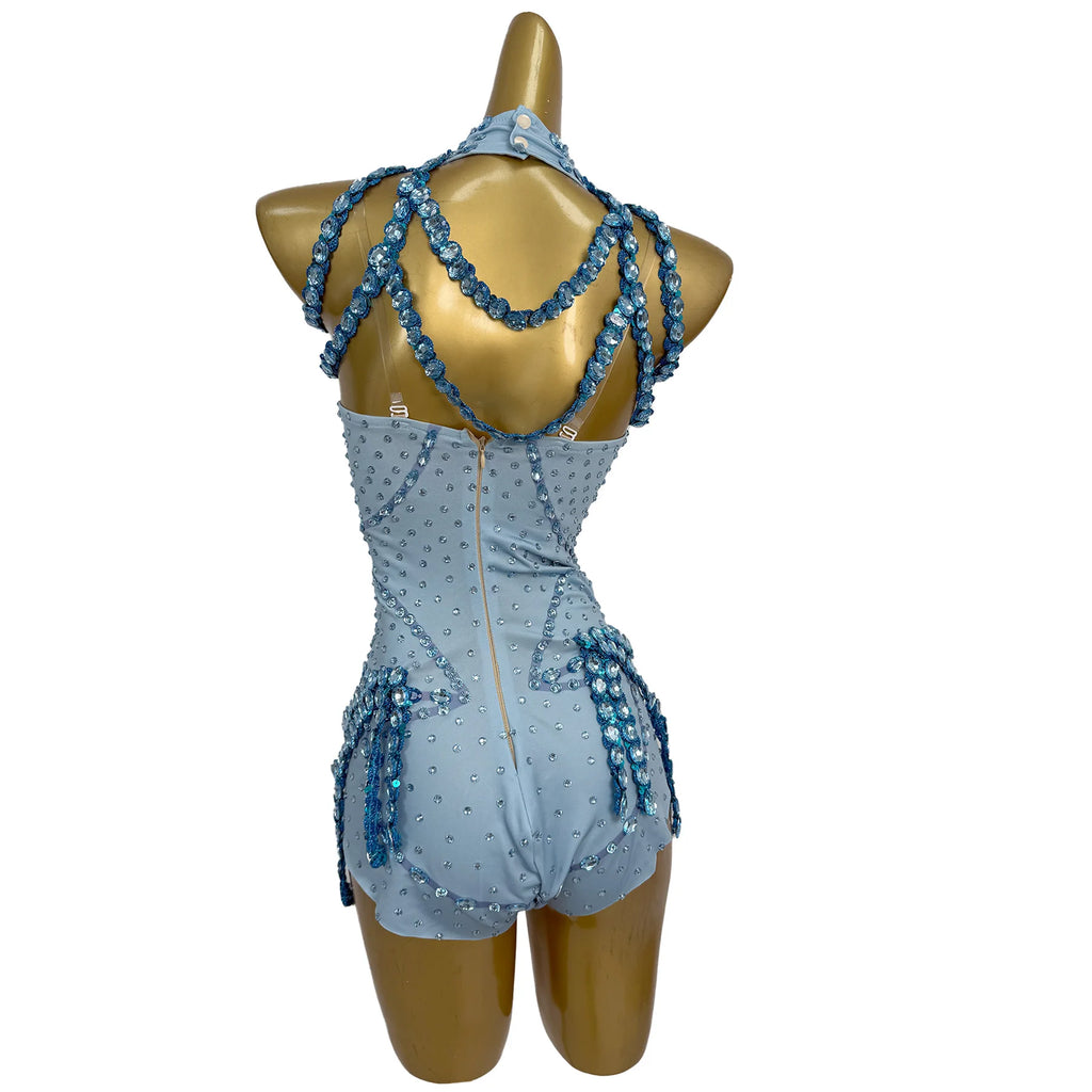 Tianlan Sexy Bar Club Performance Costume Blue Rhinestone Strapless Jumpsuit with Neck Chain Women's Cocktail Prom Party Dress