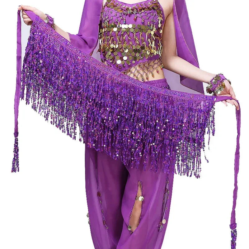Belly Dance Costume Sequins Tassel Hip Towel Beads Waist Chain Sequins Tassel Dance Dress Prom Performance Waist Towel