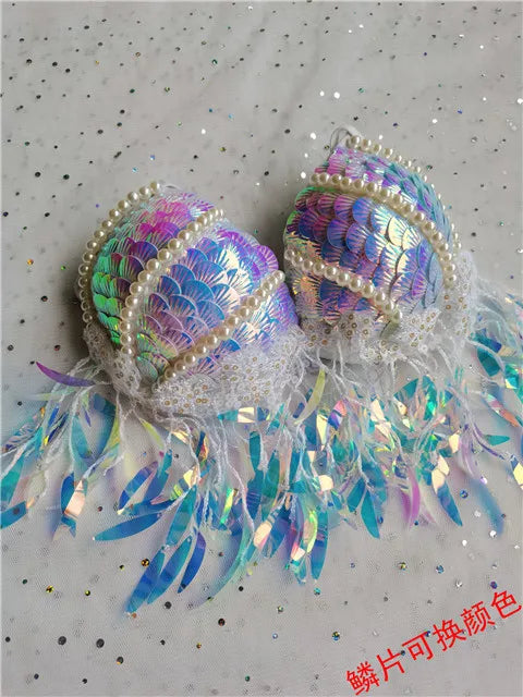 Handmade Mermaid Sequins Seashell Bikini Top Bra Oceanarium Bar Table Performance Costume Fishtail Leather