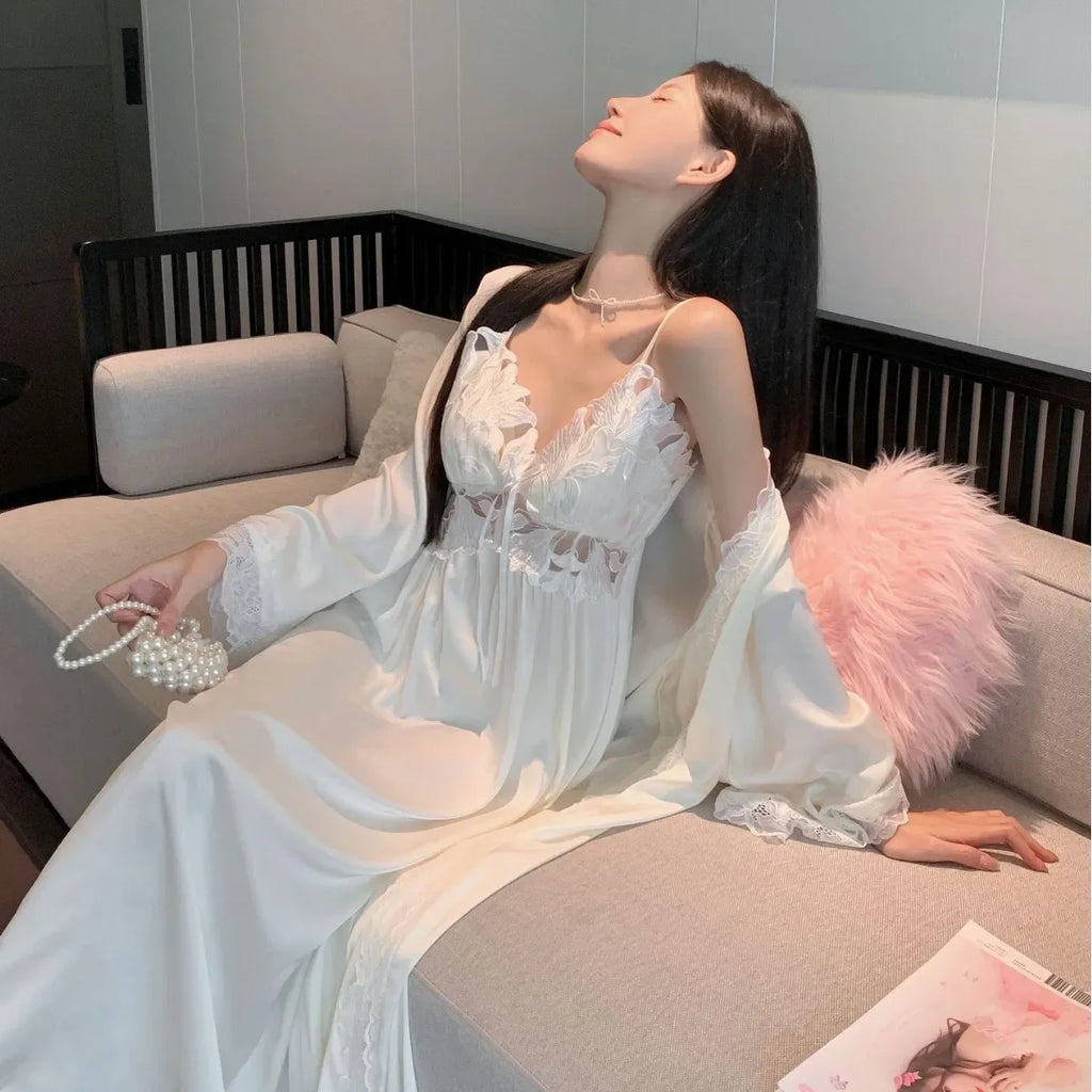 Sexy Black Lace Long Robe Nightgown Female Sleepwear 2Pcs Set Elegant Silky Satin Nightwear Nightdress Loose Homewear Lingerie