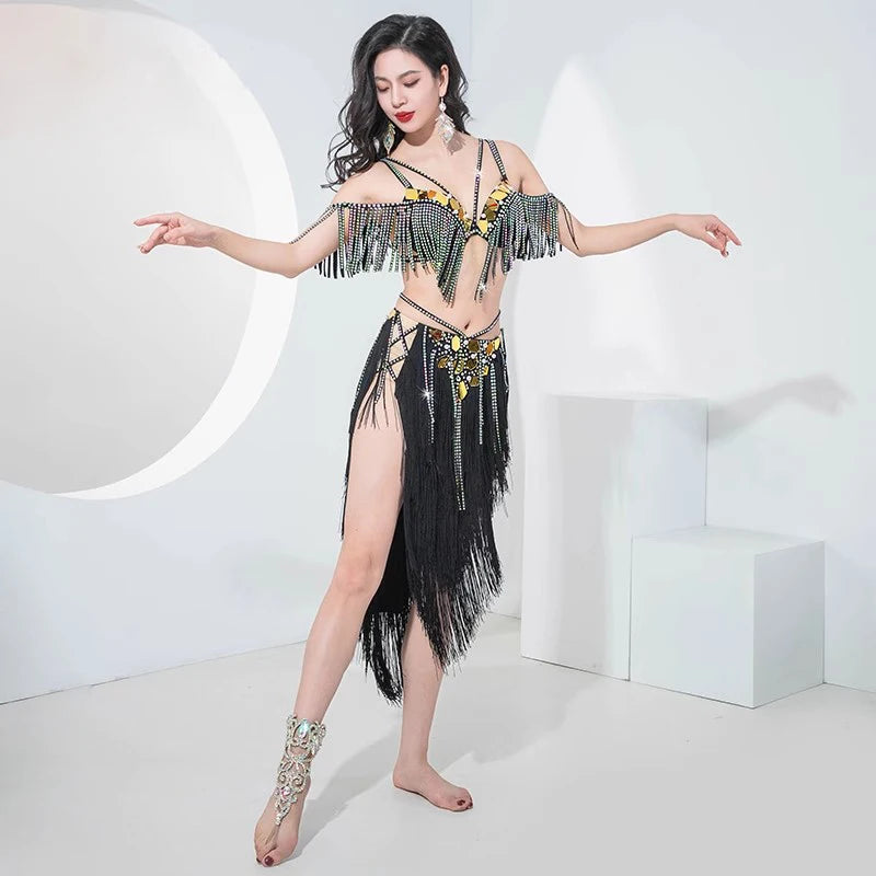Sexy Women Drum Solo Dance Opening Dance Costume Competition Belly Dance Oriental Beaded Bra Fringes Hip Skirt 2pcs Outfit
