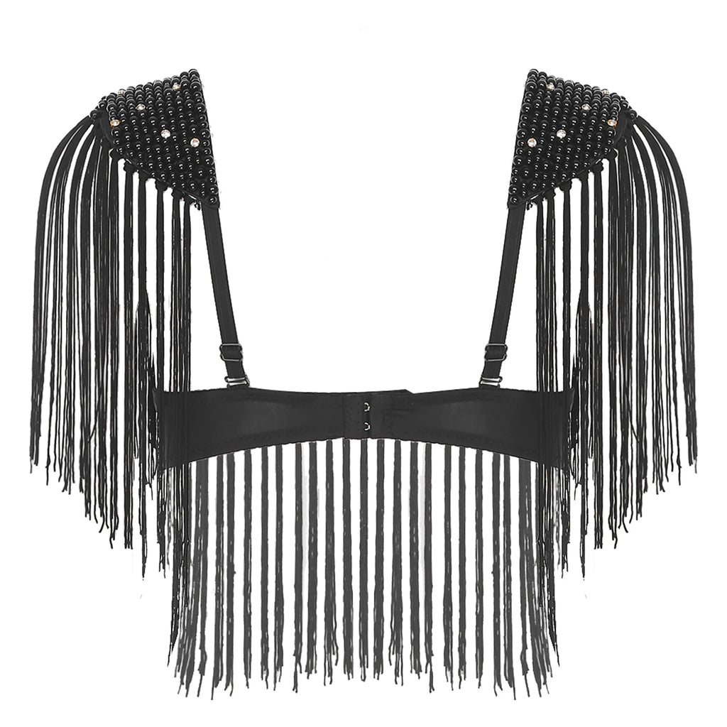 Womens Belly Dance Fringe Bra Allover Plastic Beads Tassel Trim Push-up Bra Top with Shoulder Boards Latin Dance Costume Party