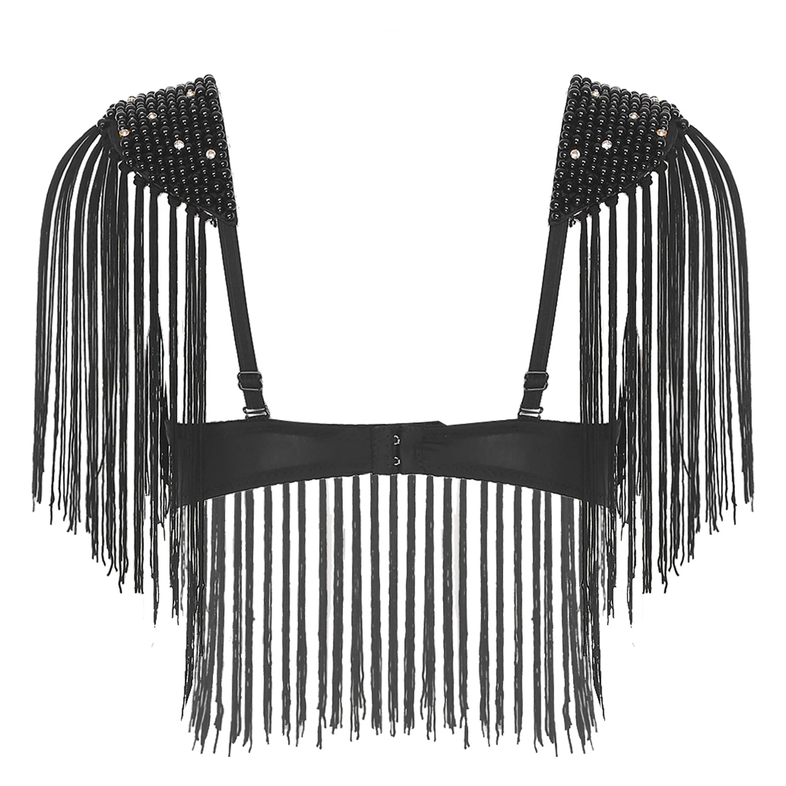 Womens Belly Dance Fringe Bra Allover Plastic Beads Tassel Trim Push-up Bra Top with Shoulder Boards Latin Dance Costume Party