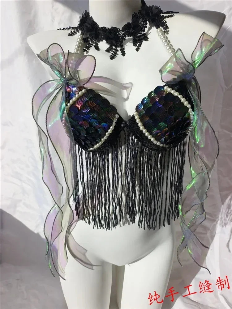 Women Bikini Top Bra Mermaid Sequin Shell Aquarium Bar Lolita Show Outfit Fishtail Leather Halloween Cosplay Costumes
