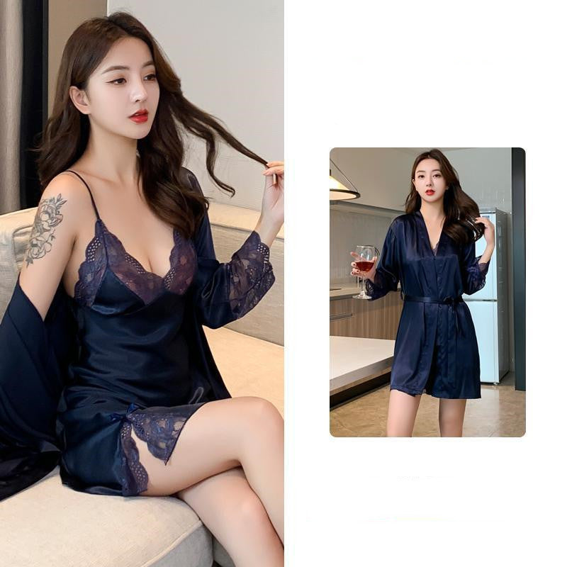 Ice Silk Thin Lace Suspender Nightdress Nightgown Two-piece Suit