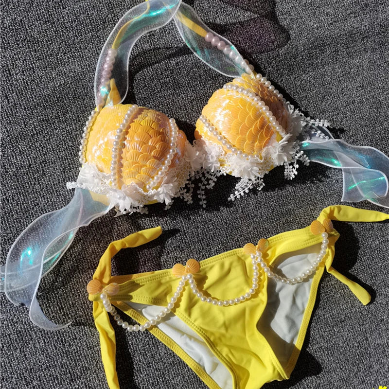 Mermaid Sequins Seashell Bikini Top Bra Oceanarium Bar Table Performance Clothes Electric Festival Fishtail Leather