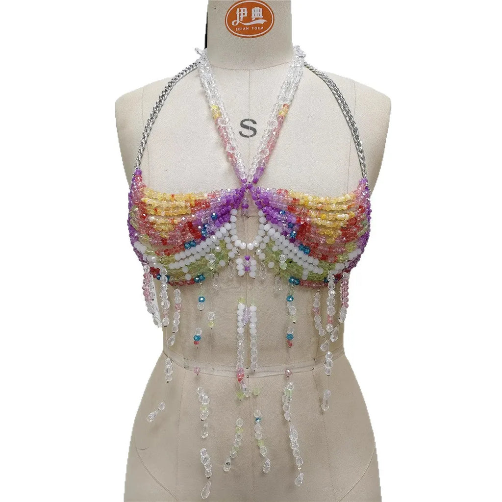 2025 Luxury Women Crystal Beading Tassel Bra Chain Jewelry Halter Camis Vest Jewelry Fancy Dance Show Night Clubwear Bra Chain