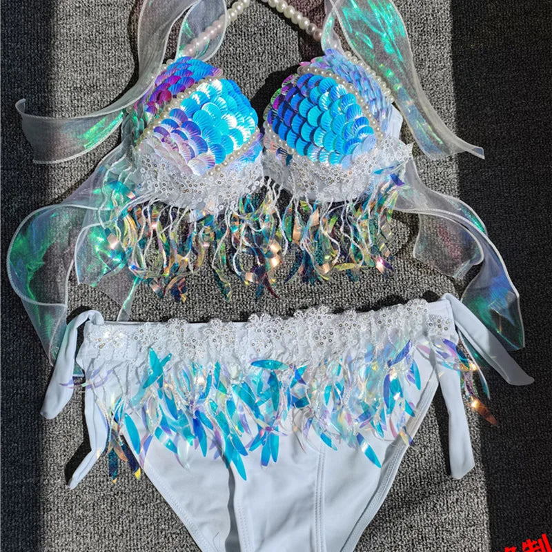 Handmade Mermaid Sequins Seashell Bikini Top Bra Oceanarium Bar Table Performance Costume Fishtail Leather