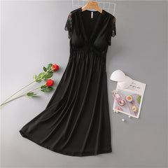 Nightdress Female Ice Silk Sexy Dress Mid-length Lace