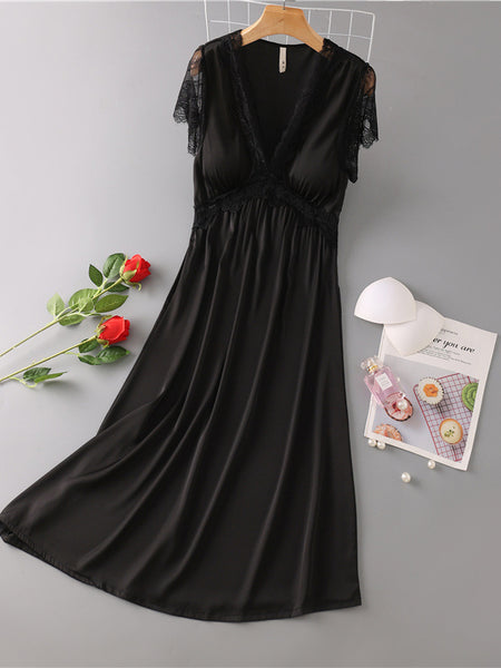 Nightdress Female Ice Silk Sexy Dress Mid-length Lace