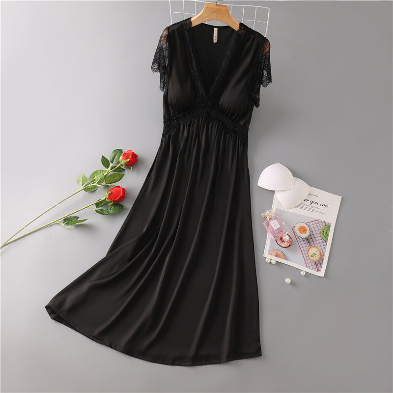 Nightdress Female Ice Silk Sexy Dress Mid-length Lace