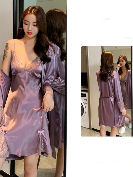 Ice Silk Thin Lace Suspender Nightdress Nightgown Two-piece Suit
