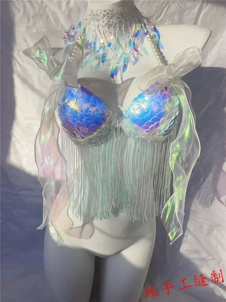Women Bikini Top Bra Mermaid Sequin Shell Aquarium Bar Lolita Show Outfit Fishtail Leather Halloween Cosplay Costumes